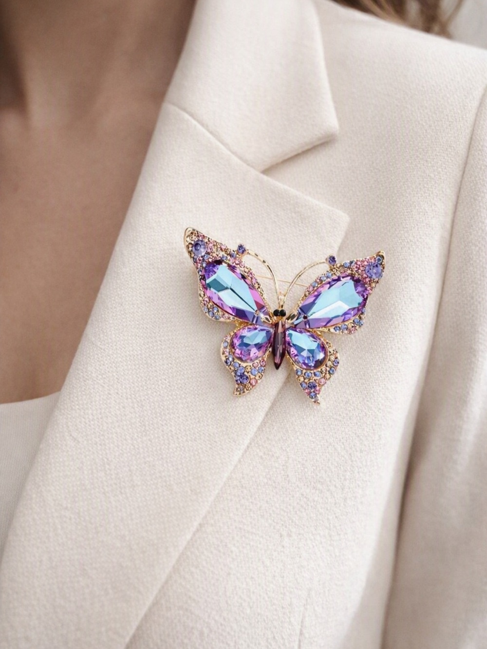 NWT Fairycore Iridescent Brooch Purple Crystal Butterfly Statement Pin Gold
